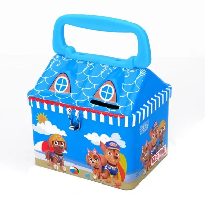 Caja de lata de regalo de caramelo de impresión de dibujos animados de forma de casa con asa