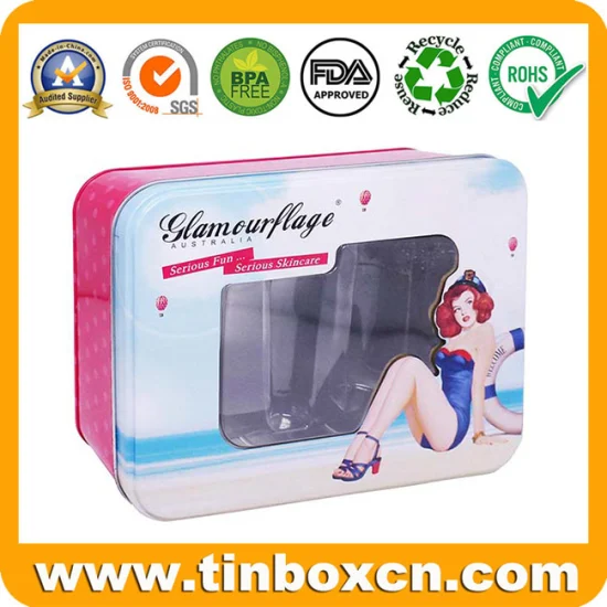 Caja de lata rectangular de cosméticos promocionales con ventana transparente e insertos para cremas faciales, lociones, champús, polvos, caja de embalaje de metal rectangular