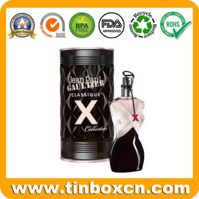 Caja de lata cosmética de metal personalizada en relieve para aceites de fragancia de perfume