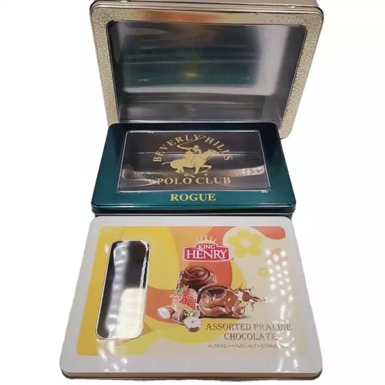 Caja de lata transparente de grado alimenticio de buen diseño con impresión personalizada de metal promocional con ventana