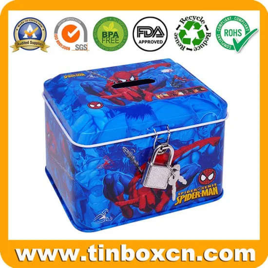 Caja de dinero rectangular personalizada para niños Spider-Man, alcancía de Metal con cerradura para regalos de alcancía