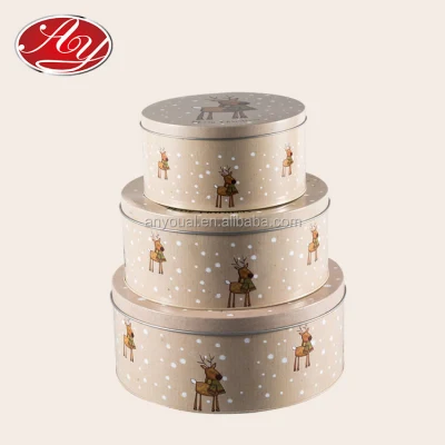 Caja de lata grande de metal de caramelo de regalo de comida redonda de alces de Navidad de tres piezas
